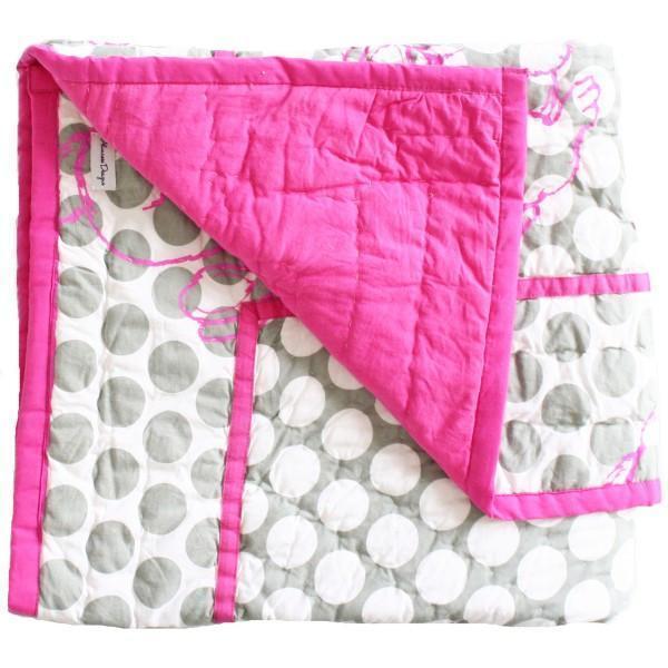 Cot Quilt - Mollie Grey &amp; Pop Pink Bunny Print .