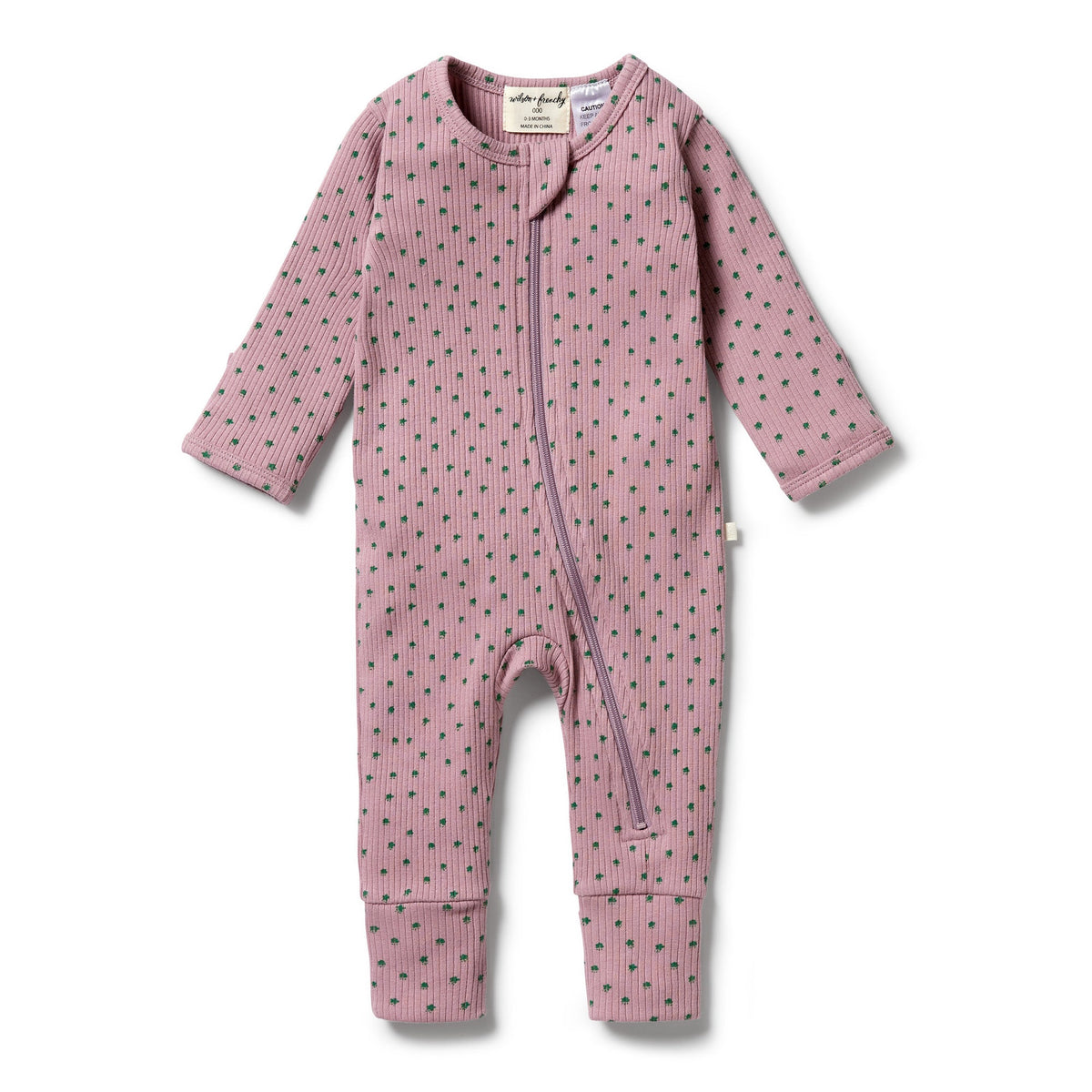 Organic Rib Zipsuit with Feet- Little Clover